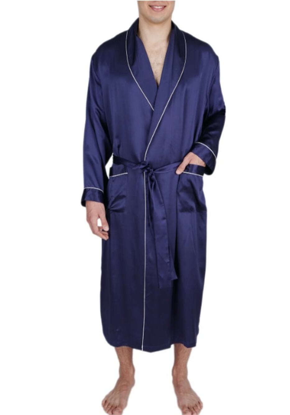 Oscar Rossa Mens Silk Long Robe Midnight Blue Charmeuse Smoking Jacket S/M
